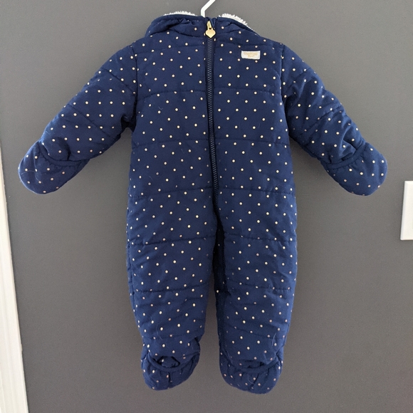 Navy blue and gold polka dot one piece snowsuit - Picture 1 of 3